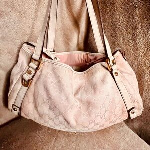 Gucci Vintage GG Pink/White Canvas & Leather Abbey Medium Tote Bag